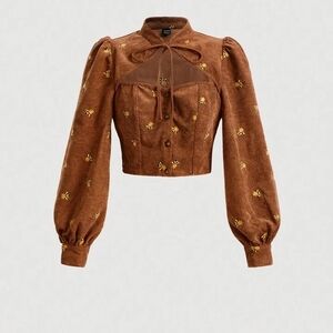 Brown Corduroy Puff Sleeve Top